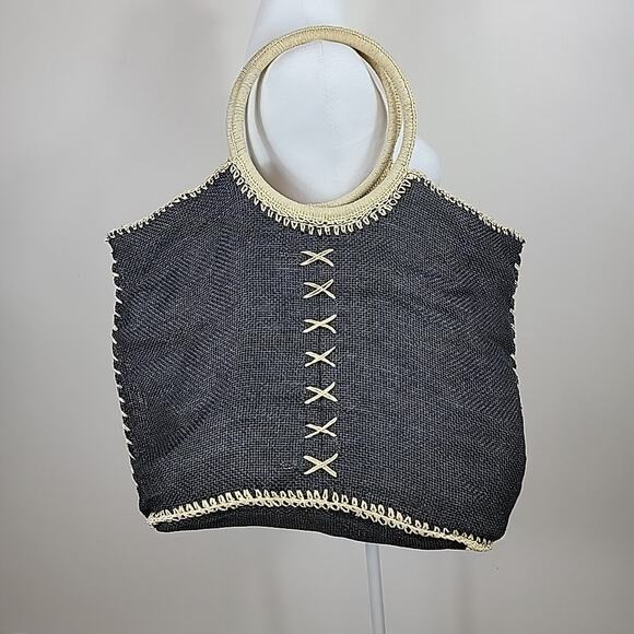 Cappelli Straworld Purse Black Lg Woven Straw Boho Hobo Coastal Resort Cruise - Picture 5 of 16